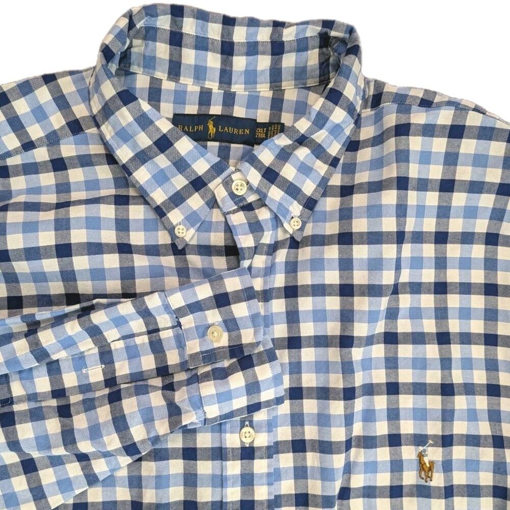 Ralph Lauren 2XLT Tall Blue Plaid Long Sleeve Button Down Shirt Flesh Pony Logo